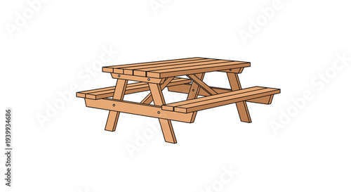 Classic wooden picnic table with attached benches perfect for outdoor gatherings family meals and relaxed al fresco dining.