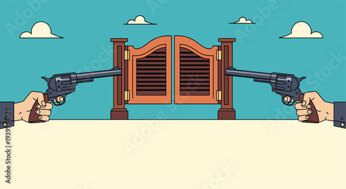 Intense illustration of two hands holding revolvers in a classic Western standoff scene in front of saloon doors.