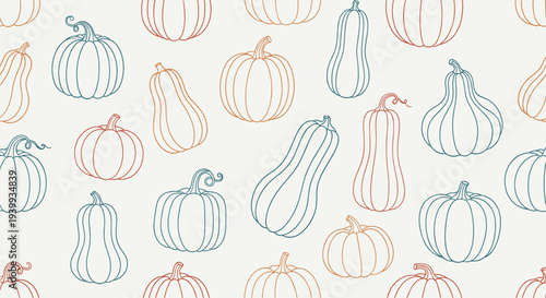 Delicate seamless pattern showcasing an assortment of outlined pumpkins and gourds in varied shapes and subtle autumnal colors.
