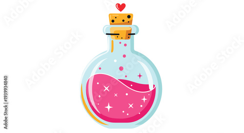 Enchanting clear glass bottle filled with sparkling pink liquid and a heart-shaped cork stopper ideal for magic potions.