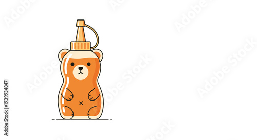 Adorable bear-shaped squeeze bottle filled with golden honey, a charming and sweet illustration for food or nature themes.