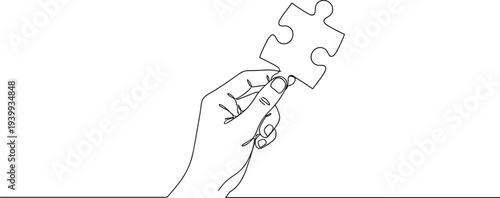 Minimalist continuous line drawing of hand holding puzzle piece, symbolizing problem solving, solution finding, teamwork, creativity, connection