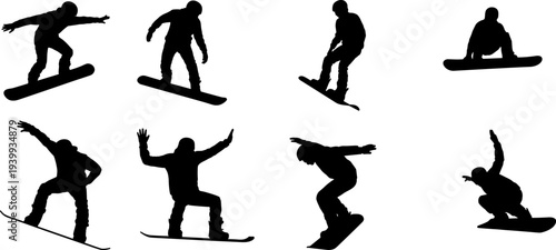 Black snowboarder silhouette collection with dynamic winter sports poses, flat vector icons for extreme snowboarding jumps, mountain adventures and competitions.