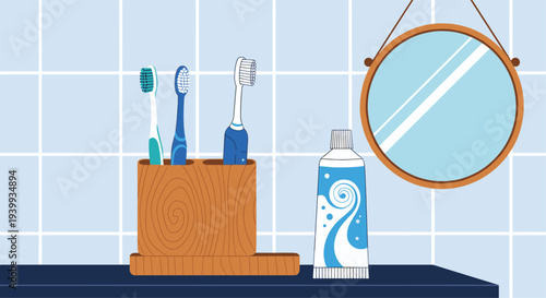 Clean bathroom counter setup featuring multiple toothbrushes toothpaste and a round mirror against a blue tiled wall.