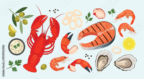 Extensive collection of fresh and delicious seafood elements including a vibrant lobster salmon steak and succulent oysters.