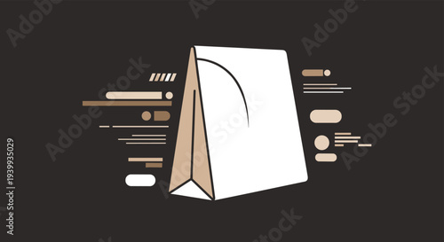 Minimalist brown paper shopping bag icon with dynamic motion lines indicating fast delivery service on a dark brown background.