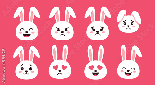 Adorable collection of eight rabbit head emojis displaying a range of cute emotions perfect for playful communication.