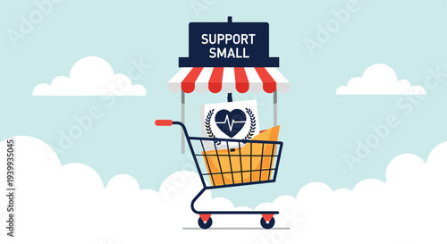 Support small business concept with a market stall graphic inside a shopping cart set against a blue sky with fluffy white clouds.