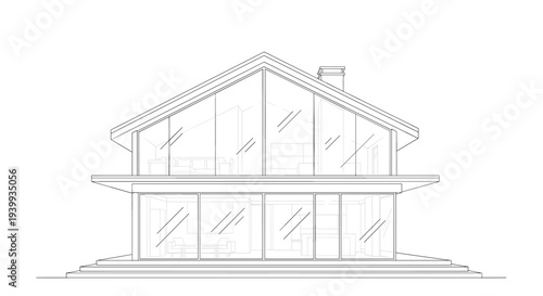 Architectural line drawing of a contemporary two-story house with expansive glass walls and a modern minimalist gable roof design.