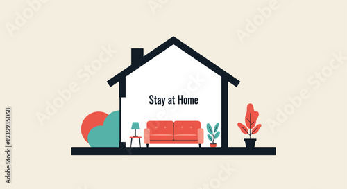 Stay at home awareness graphic showing a cozy living room setup with a red sofa and indoor plants inside a black house silhouette.