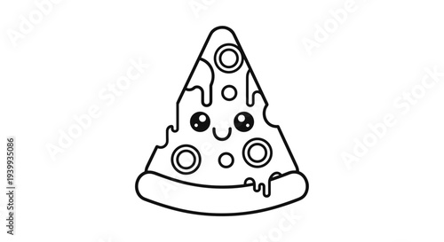 Adorable line art illustration of a smiling pizza slice with cute eyes and melted cheese toppings in a kawaii cartoon style.