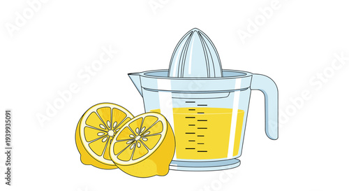 Fresh illustration of a lemon juicer with a measuring jug full of lemon juice and two perfectly halved lemons.