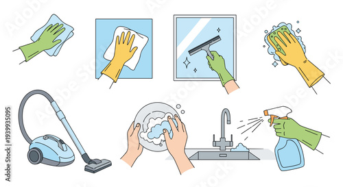 Comprehensive collection of various cleaning tasks and tools including window cleaning dishwashing and vacuuming for a tidy home.