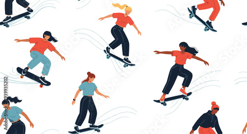 Energetic seamless pattern showcasing a diverse group of women actively skateboarding in various dynamic poses and styles.
