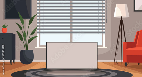 Living room interior design showing a blank television screen on a rug with a red chair, potted plant, and window with blinds.
