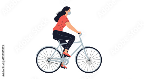 Illustration of a woman wearing a white face mask while riding her bicycle for commuting or exercise during health precautions.