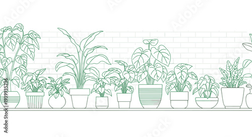 Seamless pattern of potted green house plants with diverse foliage types displayed against a textured white brick wall background outline.