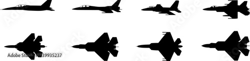 Collection of black fighter jet silhouettes from side and top views, flat vector illustration icons for military aviation and aerospace