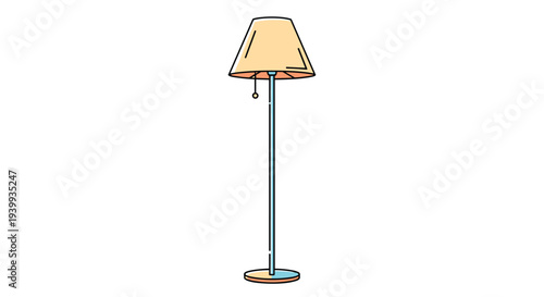Simple floor lamp with a beige conical shade and a tall thin black stand depicted as a minimalist line art illustration.