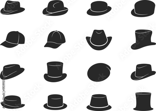 Collection of black headwear silhouettes including fedoras, baseball caps, top hats, and cowboy hats, flat vector illustration set, fashion icons