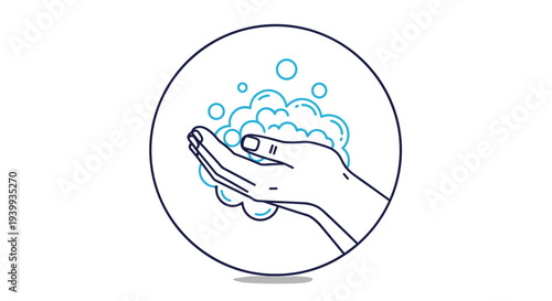 Simple outline illustration of a human hand covered in many soap bubbles inside a circular frame for hygiene awareness message.