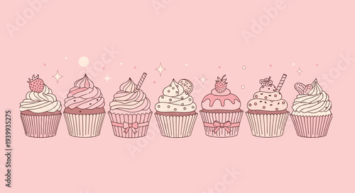 Line art illustration of a delightful row of seven assorted cupcakes adorned with pink frosting and charming decorations.