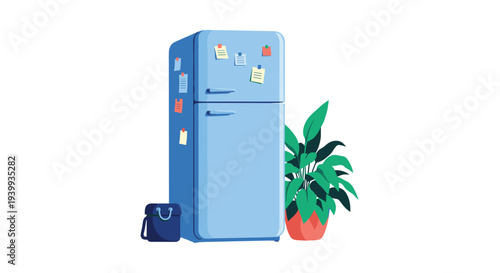 Retro style blue refrigerator with sticky notes on the door standing beside a vibrant potted plant and a small bag.