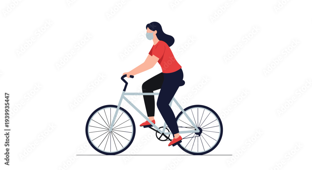 Obraz premium Young woman wearing a protective medical face mask while riding a bicycle for exercise and outdoor transport use.