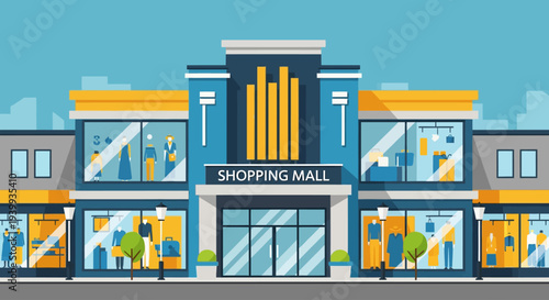 Modern Shopping Mall Facade with Vibrant Storefronts and Entrance.