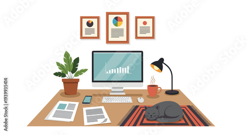 Productive home office workspace featuring a computer monitor with charts and a cute cat sleeping on the wooden desk.