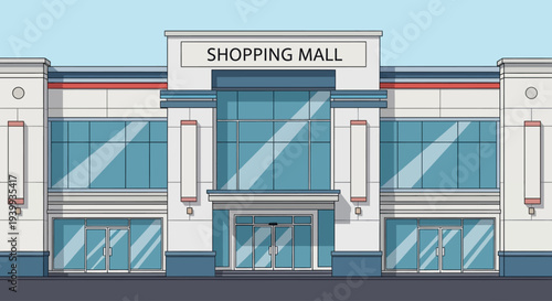 Modern Shopping Mall Building Facade with Large Windows and Entrance.