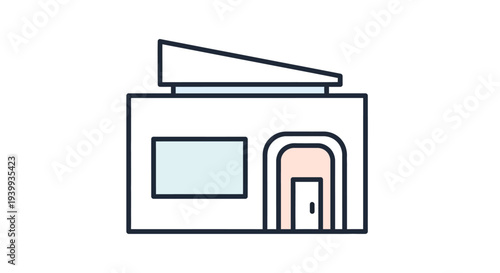 Simple line drawing of a building facade with a window and doorway.