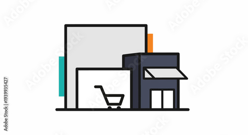 Simple illustration of a storefront with a shopping cart.