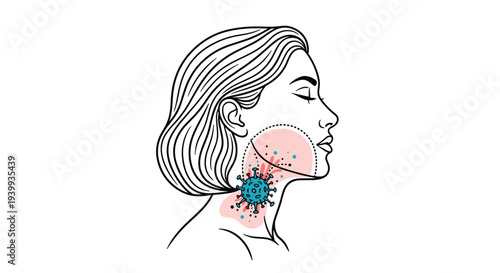 Side profile illustration of a woman with a sore throat or infection caused by a virus particle in the neck anatomy.