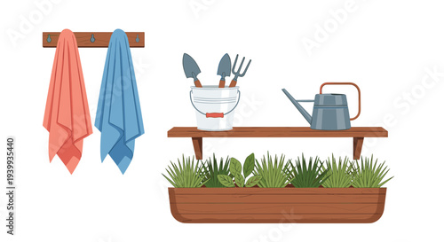 Gardening equipment including a bucket with tools and a watering can on a wooden shelf above a long planter box row.