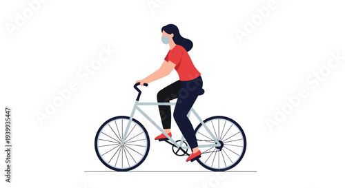 Young woman wearing a protective medical face mask while riding a bicycle for exercise and outdoor transport use.