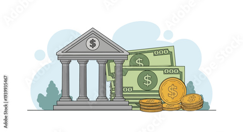Bank Building with Money and Coins 2.