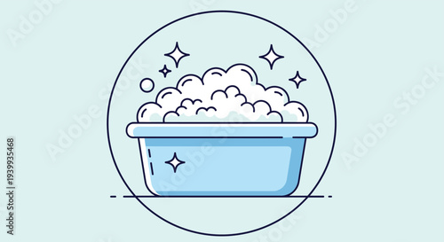Blue plastic washing tub filled with white soapy bubbles and sparkles representing cleanliness and personal hygiene.