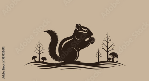 Squirrel silhouette illustration with trees and bushes.