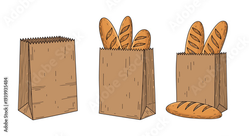 Collection of brown paper bags filled with freshly baked french baguettes isolated on a clean white background area.