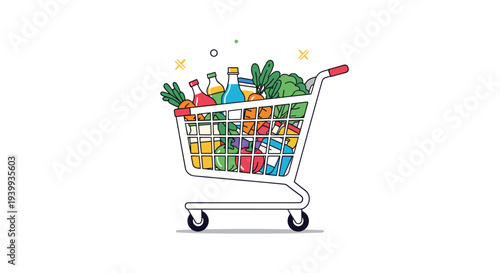 Full grocery shopping cart packed with fresh vegetables fruits and bottled drinks for healthy eating and nutrition.