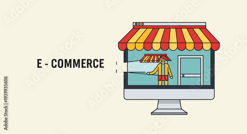 E-commerce business concept showing a modern computer screen with an online shop window and a customer avatar icon.