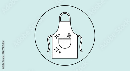 Minimalist outline illustration of a white kitchen apron with a front pocket and sparkling clean icons in a circle.