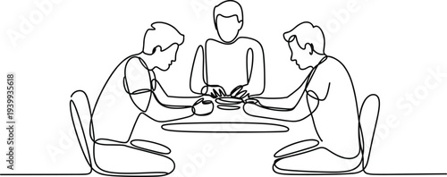 Minimalist continuous line drawing of three people sitting around table, symbolizing collaboration, unity, teamwork, focus, shared activity, connection