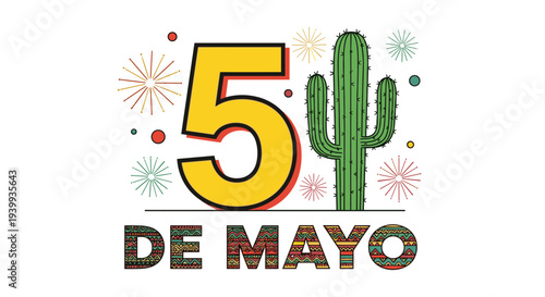 Festive cinco de mayo design featuring a large yellow number five next to a tall green saguaro cactus in the desert.