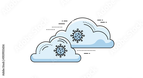 Conceptual illustration of airborne virus particles floating within white clouds representing environmental health hazards.