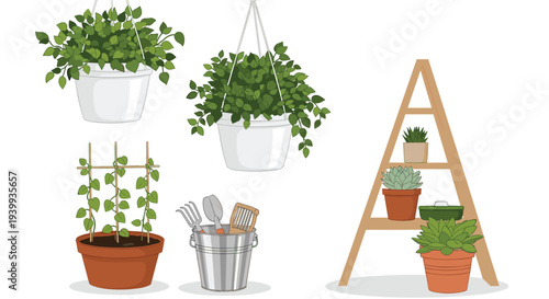 Decorative indoor gardening arrangement with hanging plants wooden ladder shelf and gardening tools in a bucket.