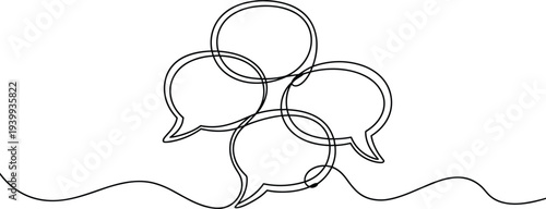 Minimalist line art of overlapping speech bubbles, abstract communication concept, dialogue exchange, brainstorming, teamwork, collaboration illustration