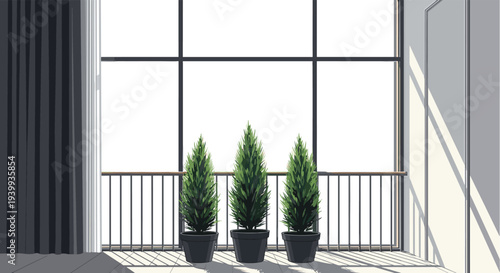 Three tall green cypress trees in black pots standing on a modern balcony with bright sunlight and dark shadows.