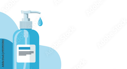 Blue hand sanitizer pump bottle with a liquid drop representing hygiene and infectious disease prevention care.